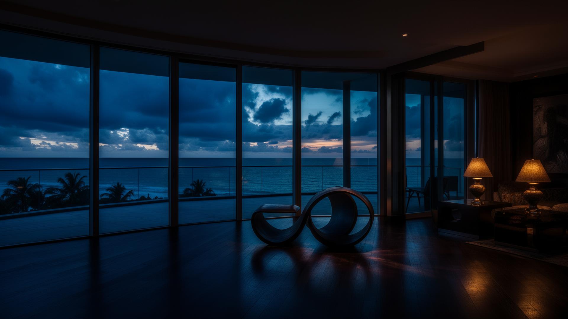 Oceanfront penthouse at twilight with floor-to-ceiling impact glass