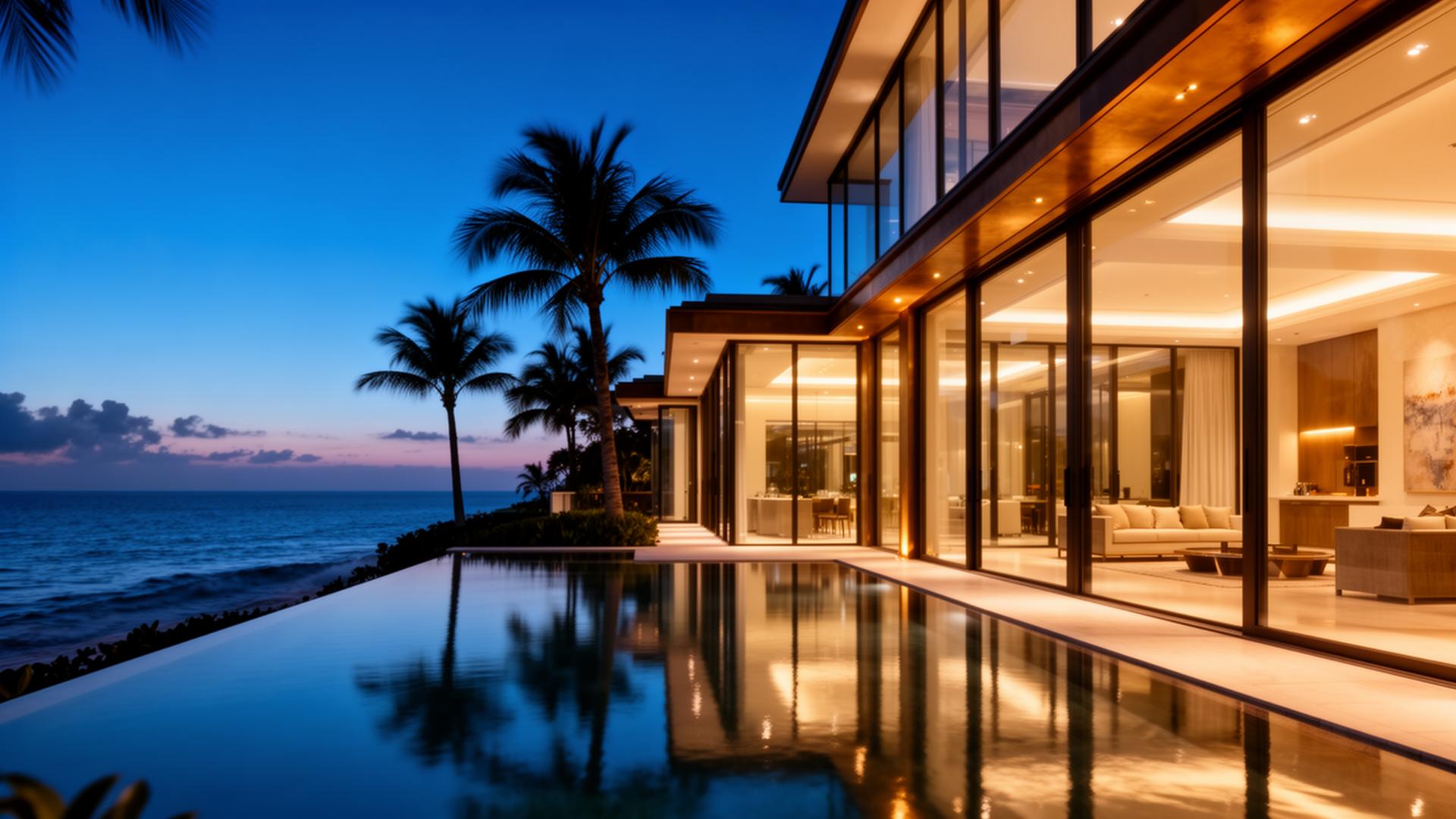 Oceanfront penthouse at twilight with floor-to-ceiling impact glass
